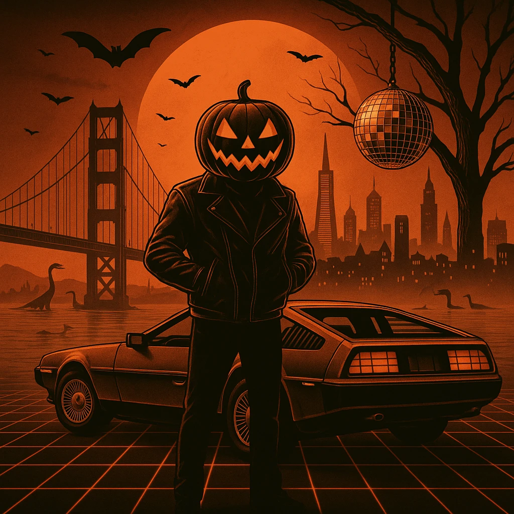 Add a disco ball hanging from the tree and small dinosaurs in the water.  make the cityscape of San Francisco including Coit Tower, TransAmerican Building.  emoji