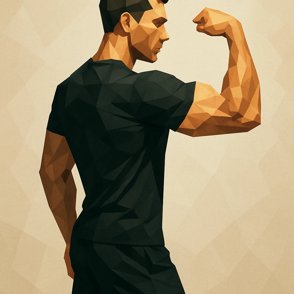 Athletic man in black shorts and black t-shirt stands sideways and shows biceps emoji