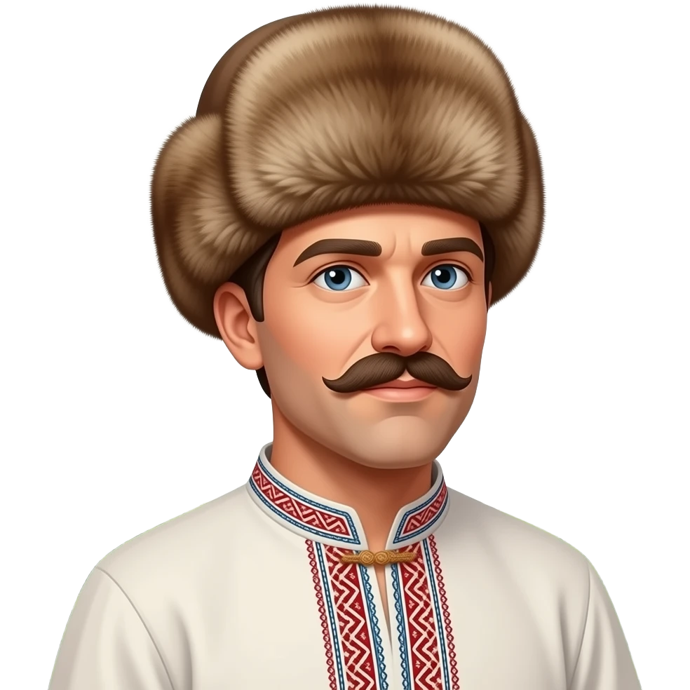 Close-up portrait of a man wearing a traditional Caucasian fur hat (papakha), mustache, traditional clothing, looking slightly upward, natural outdoor background with green bushes, cinematic lighting, realistic emoji