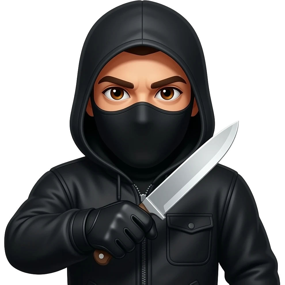 Spanish Man brown eyes wearing all black in balaclava hood and gloves with knife emoji