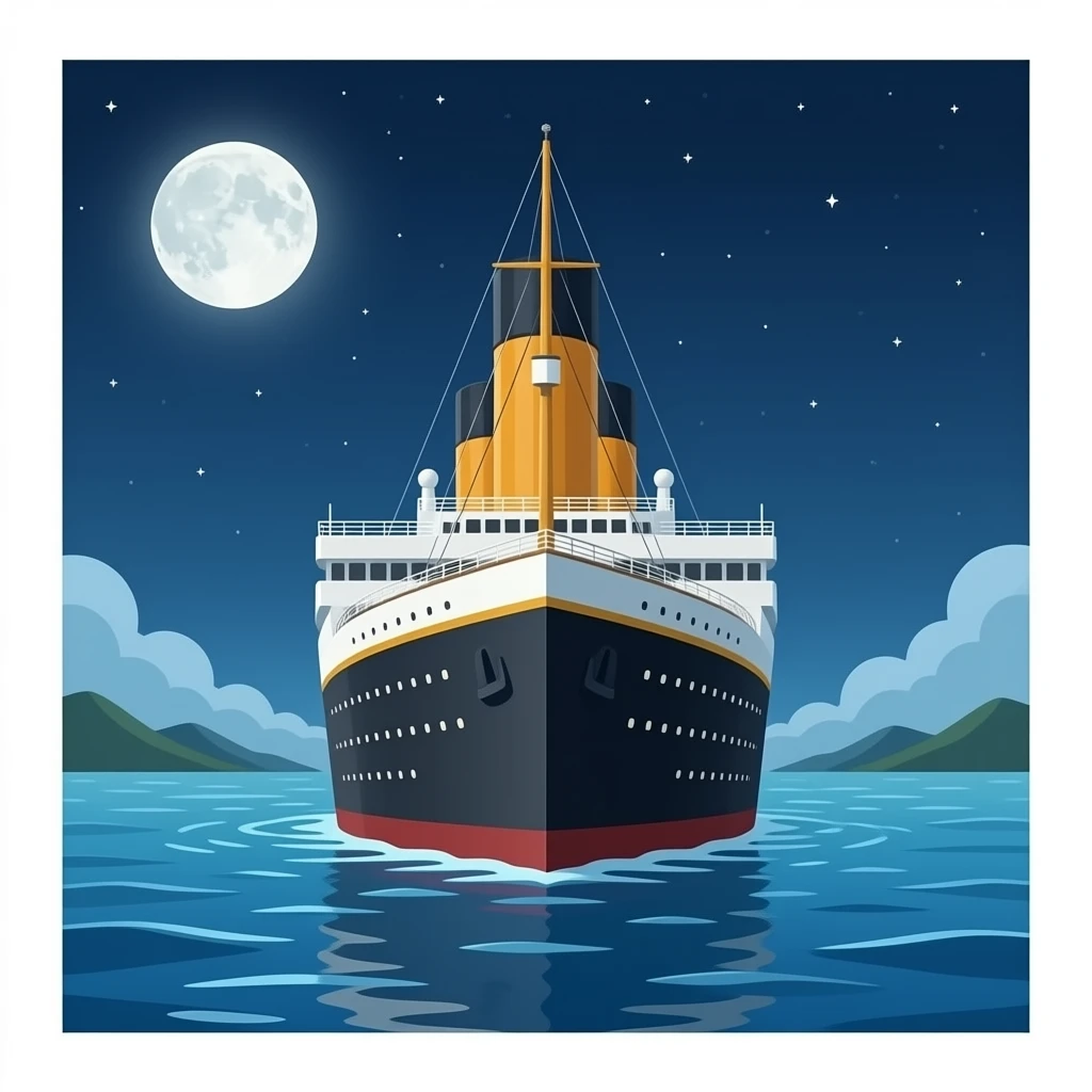 The sunken ship Titanic floats in the night sky above a shallow pool of water - frontal emoji