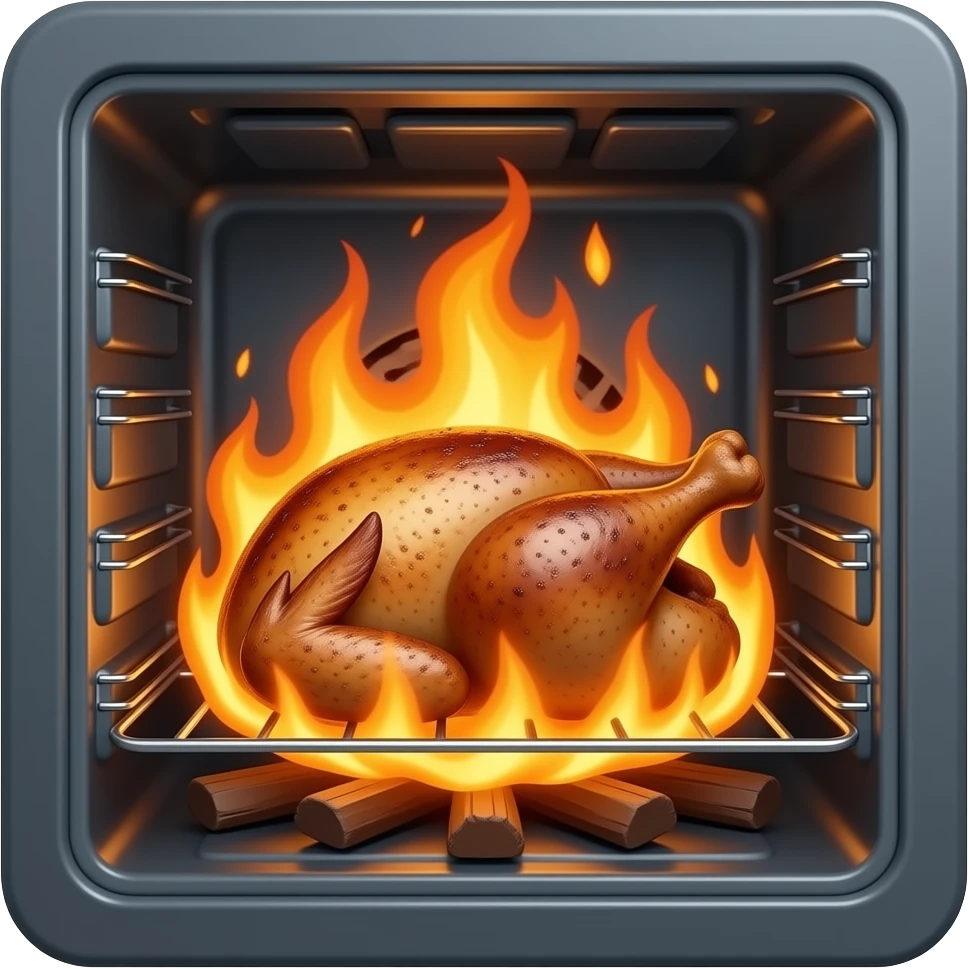 Burnt chicken on fire in an oven emoji