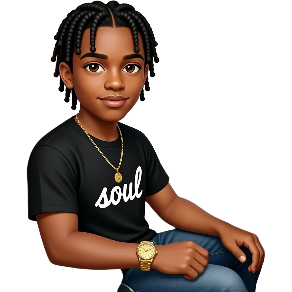 African American teenage boy with cornrow braids wearing a black shirt with the word soul on it wearing a gold watch wearing a gold tennis necklace sitting in a white Mercedes Benz G-Wagon with red interior emoji