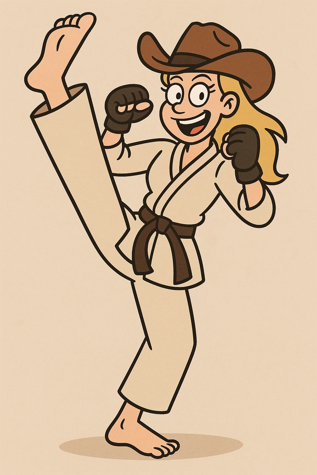 karate cowgirl, high kick, cowboy hat tilted, martial arts gloves, smiling emoji