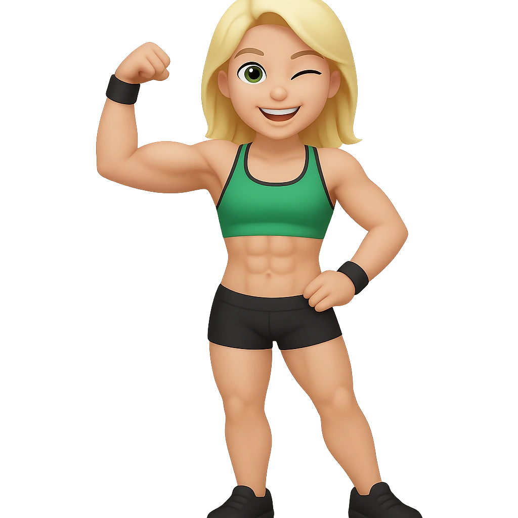 Create a full body pose of a muscular white girl with blonde hair and green eyes, flexing 6 pack abs and one arm bicep, smiling and winking. The style should resemble emoji style. Remove the background completely. emoji