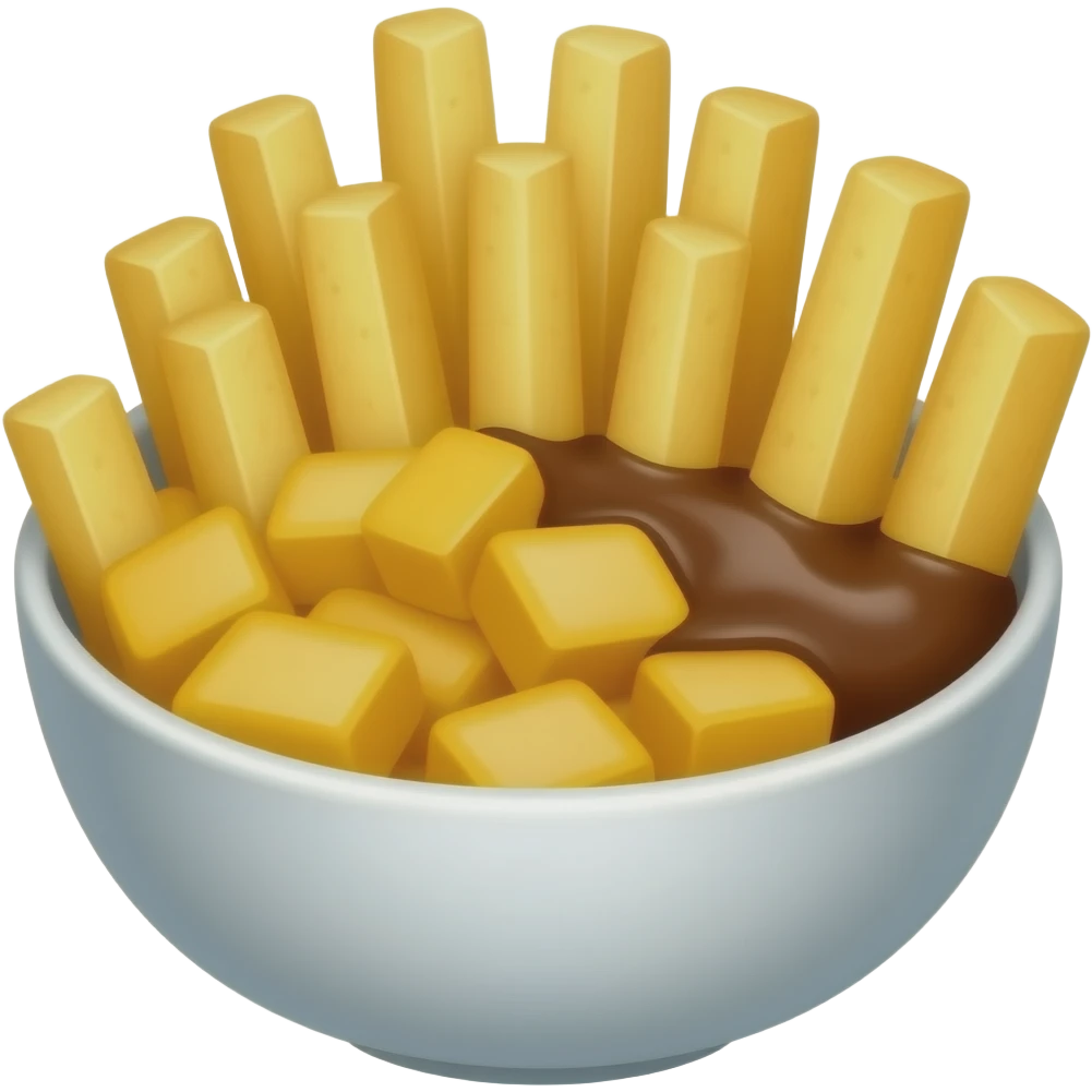 French fries in a bowl with cheese curds and brown sauce emoji