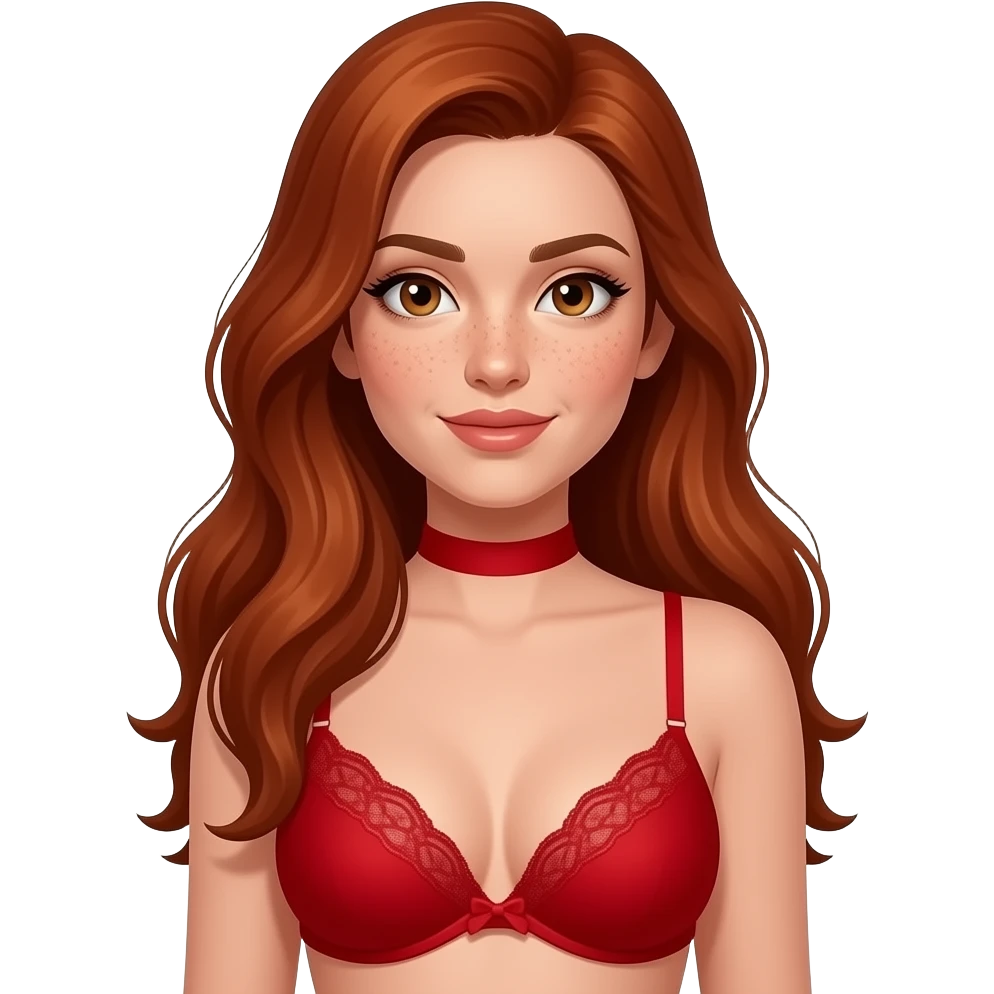 Light skin with freckles, long red hair, hazel eyes, wearing red lingerie, plain red collar. submissive pose emoji
