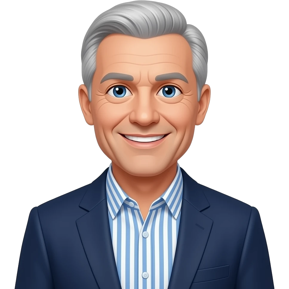 DJR - man, friendly smile, mid 70's, little grey hair, blue eyes, slim face, blue and white vertical striped button up shirt, dark blue blazer emoji