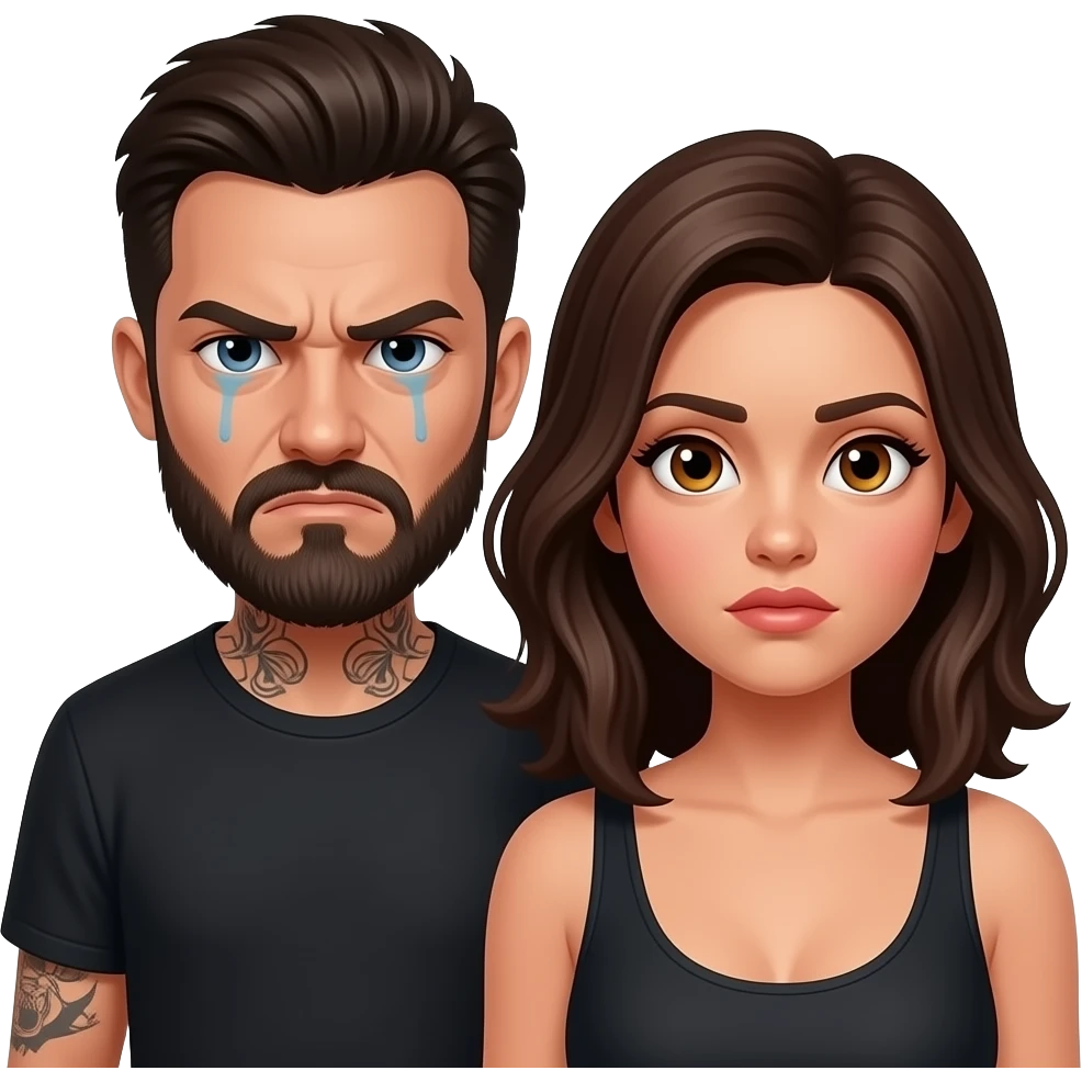 A really sad but angry because he found out she was cheating on him with a bald, headed red bearded guy, andthey are always arguingLatino couple man has a beard, medium hair and tattoos and his wife is beautiful with hazel eyes and shoulder length brown hair and their relationship is broken emoji