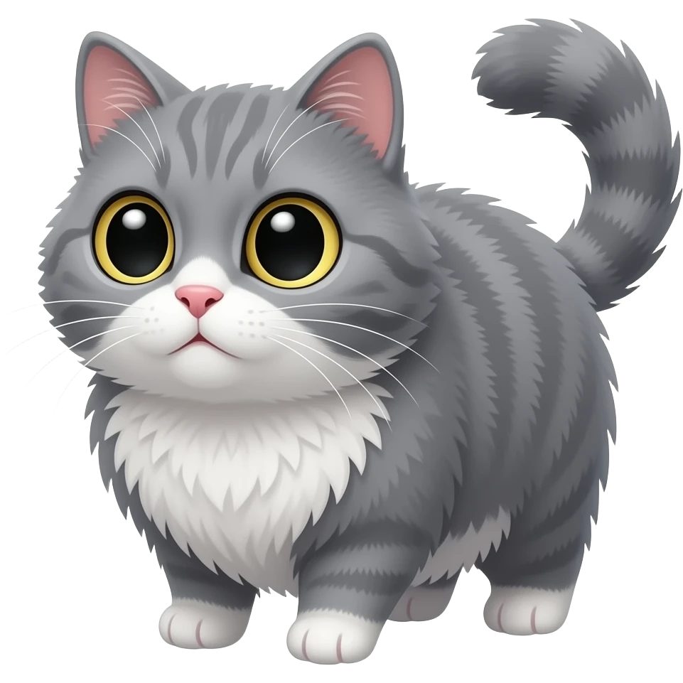 grey cat in looking like a big fluffy ball qui a tail and big  bulging eyes,  white belly,  cartoon style emoji