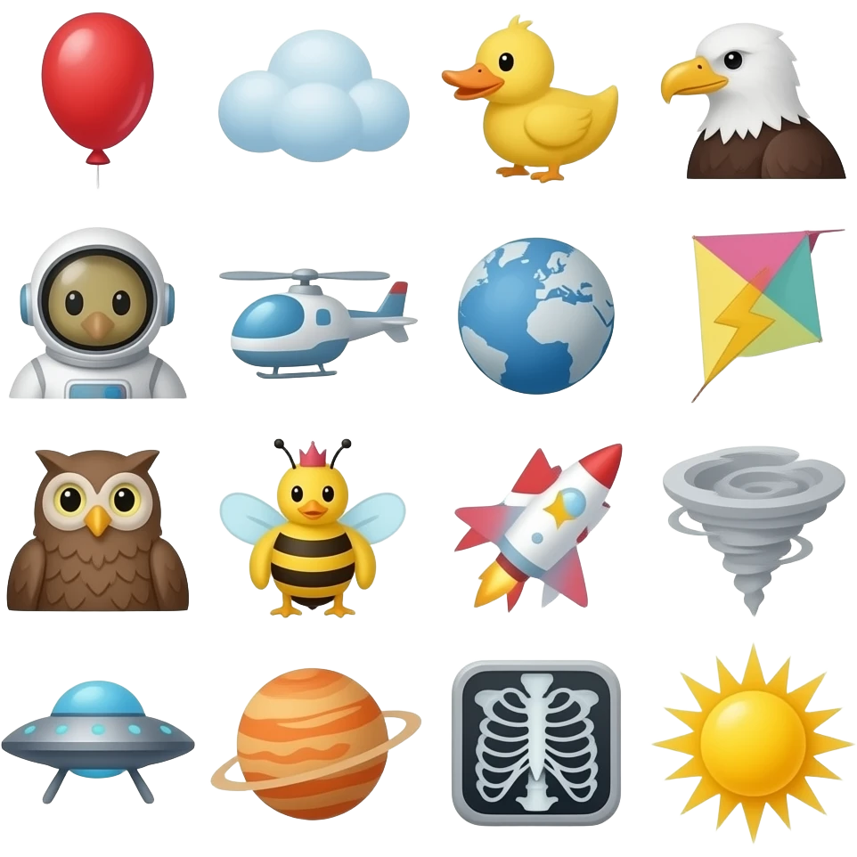 A is for Astronaut, b is for balloon (hot air balloon), cloud, duck, eagle, fly (verb), glider, helicopter, ice (cloud), jet, kite, lightning, moon, Neptune, owl, plane, queen bee, rocket, star, tornado, ufo, Venus, wind, x-rays, yellow (sun), and zigzag emoji