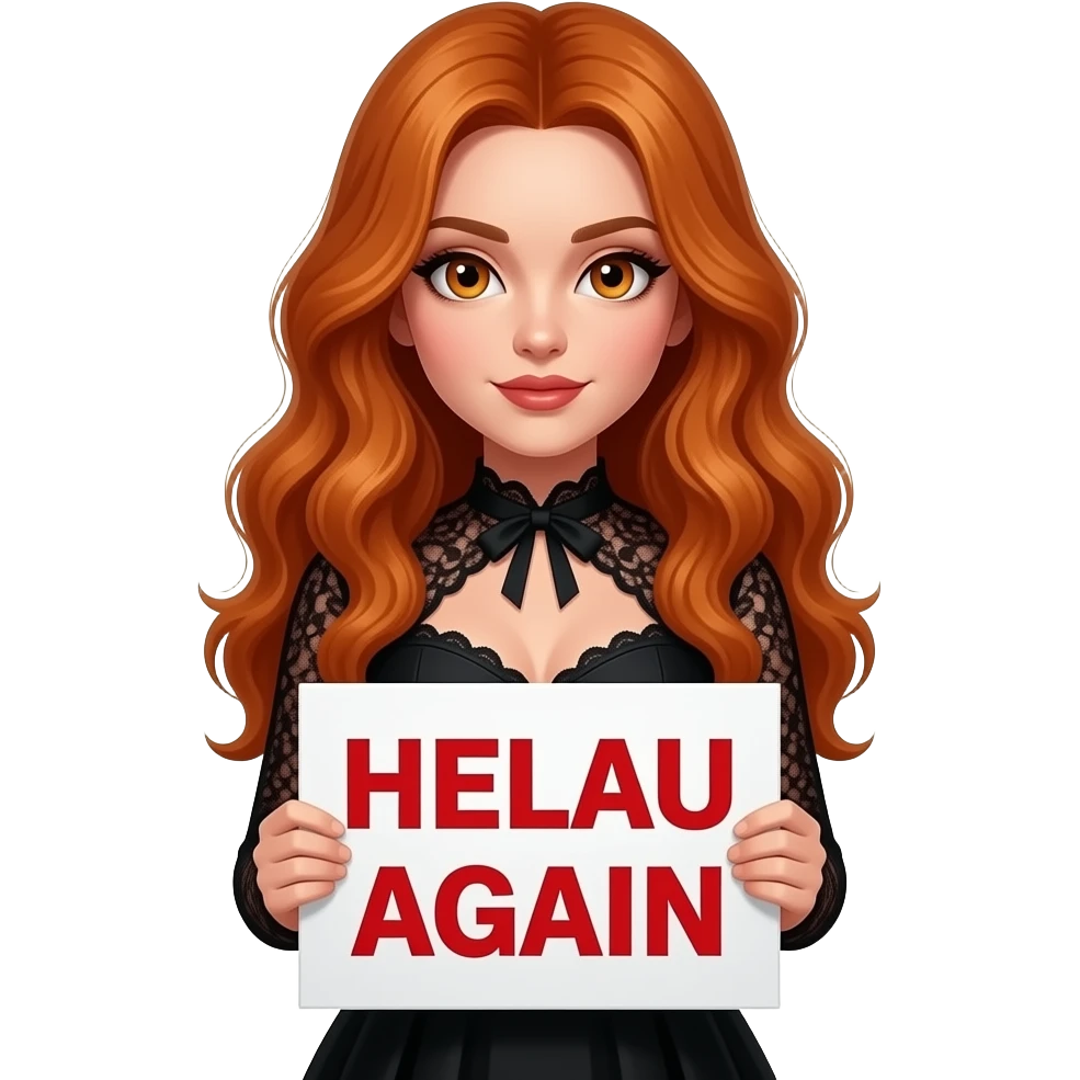 sexy girl with long wavy ginger hair and ginger eyes wearing a halloween dress is holding a white colored sign with HELAU AGAIN written on it emoji