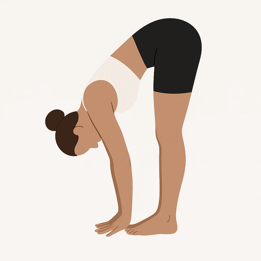 "Minimalist flat vector illustration of a woman doing yoga in forward fold pose (Uttanasana), wearing sportswear (white top and black shorts), brown hair in a bun, clean white background, no face details, elegant style" emoji