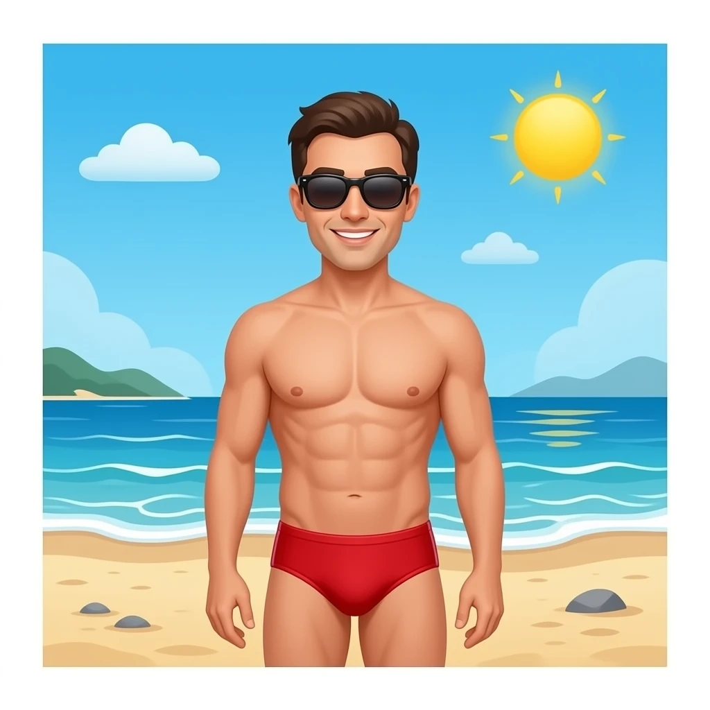Erstelle ein Bild von einem Strand, mit im Bild ist ein Mann zusehen der sich sonnt, er trägt rote enge speedo und Oberkörper frei und trägt eine Sonnenbrille emoji