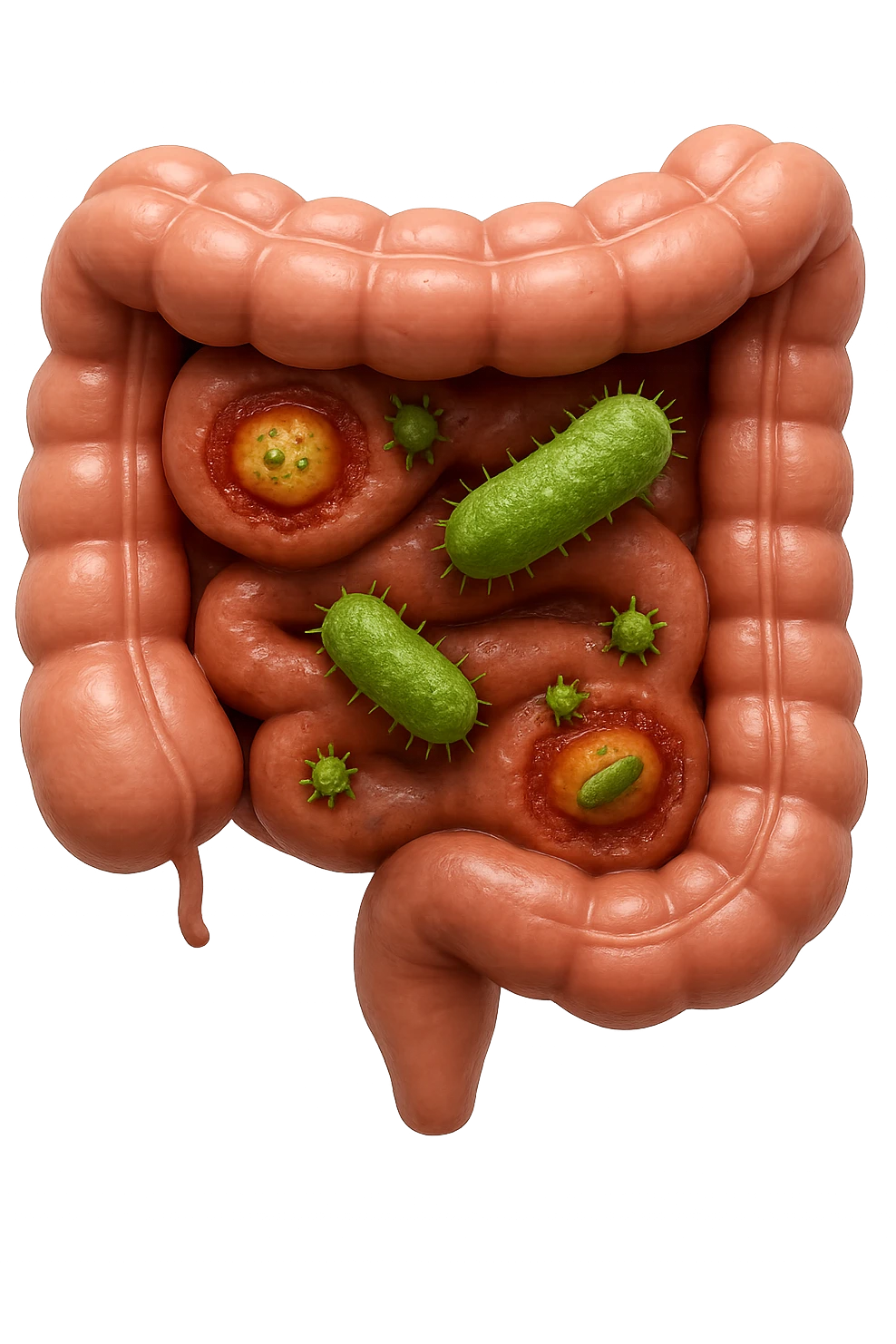 emoji stile iphone in 3d di intestino realistico con infezione e batteri dentro, iperrealistico 4k emoji