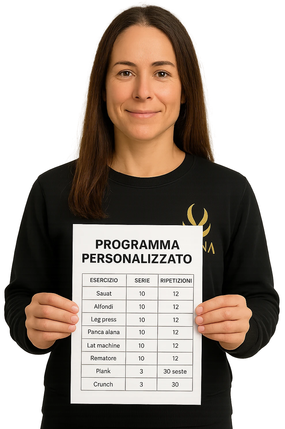 Donna con in mano Scheda di allenamento di palestra con scritto "Programma Personalizzato" emoji
