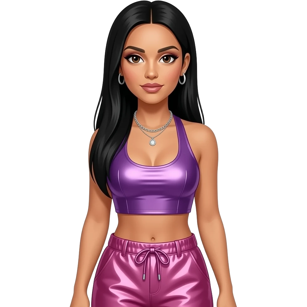 Nicole Scherzinger with dark brown eyes, long black straight hair, purple metallic halter crop top, pink metallic baggy pants, necklace and earrings emoji