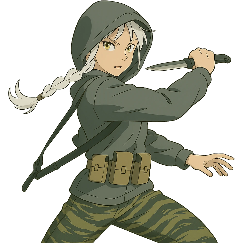 1 female, mid-20's  white hair long braid, gold yellow eyes, gray rainproof hoodie, hood up, single point sling, tan mag pouches on belt rig, tiger stripe camo pants, holding a combat blade, striking, swing emoji