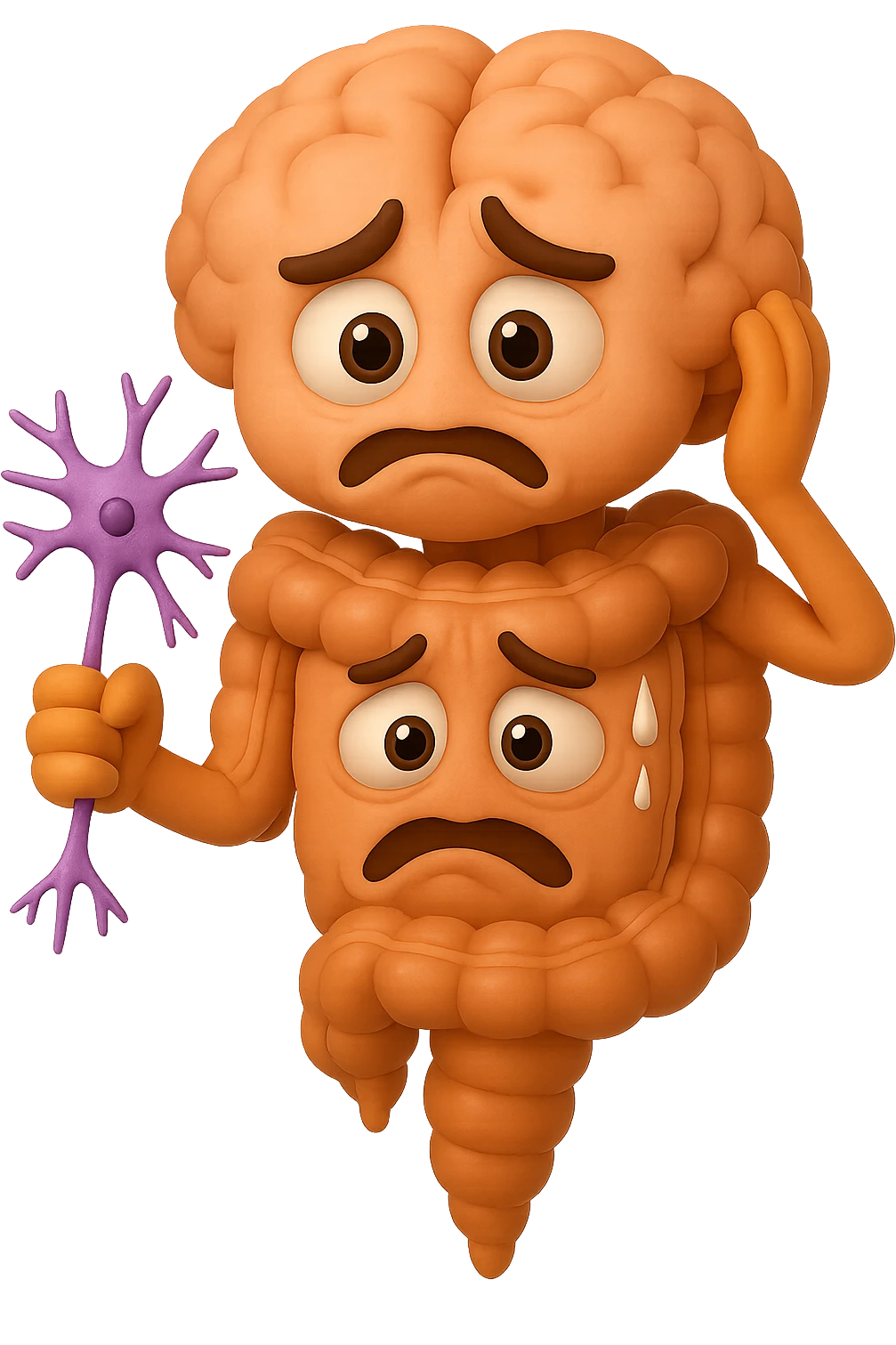 EMOJI STILE IPHONE DI UN INTESTINO collegato verticalmente ad un cervello mentre tiene in mano un neurone, espressione stressata, IPERREALISTICO 4K emoji