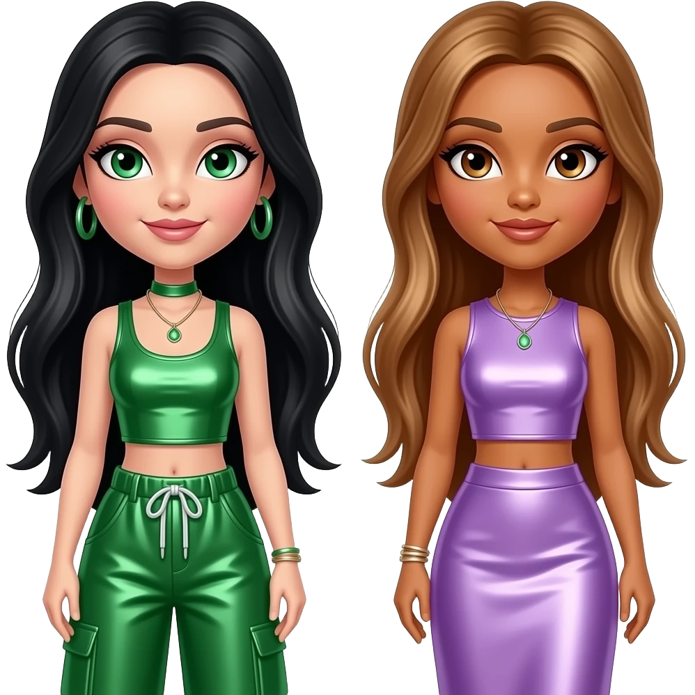 Bratz with Jade with white skin, green eyes, long black hair, green metallic crop top, green metallic baggy pants, Yasmin with brown eyes, long light brown hair, lilac metallic crop top and long skirt emoji