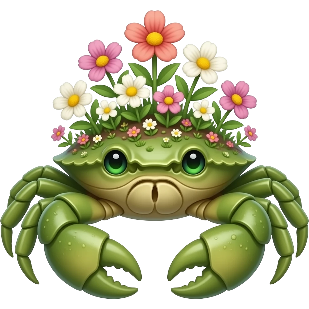A green crab with flowers growing on its back facing forward with green growing eyes emoji
