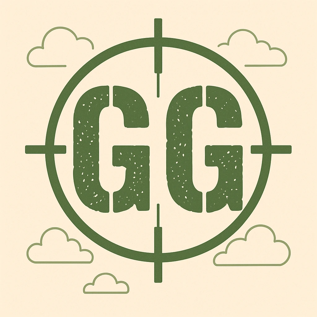 "GG" emote for Call of Duty fans with distressed stencil font, army green color, subtle crosshair or scope detail, energetic and playful emoji