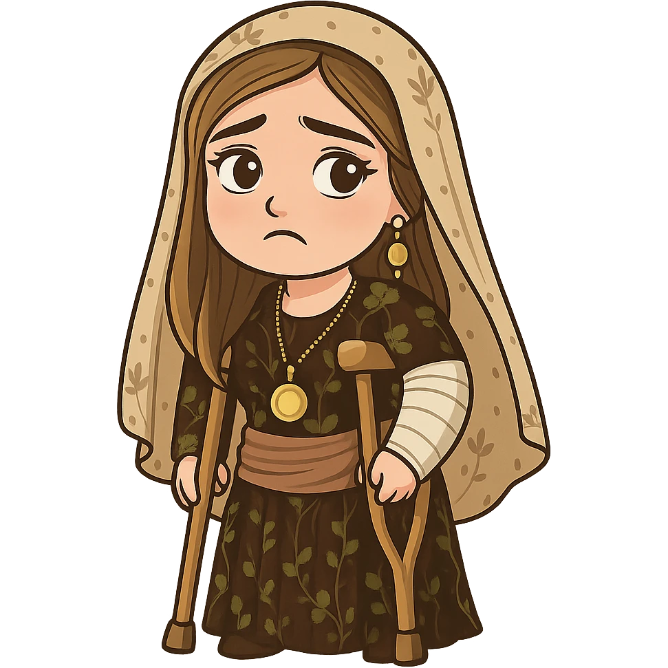 Kurdish cartoon sticker of the same woman in the new dress, with a cast on her arm or leg, crutches, sad but hopeful expression, no text, transparent background emoji
