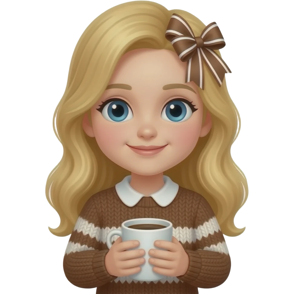 kız elinde kahve var sarı saçlı üstünde Kahverengi ve beyaz biri kazak var üstünde Kahverengi ve beyaz kurdele var emoji