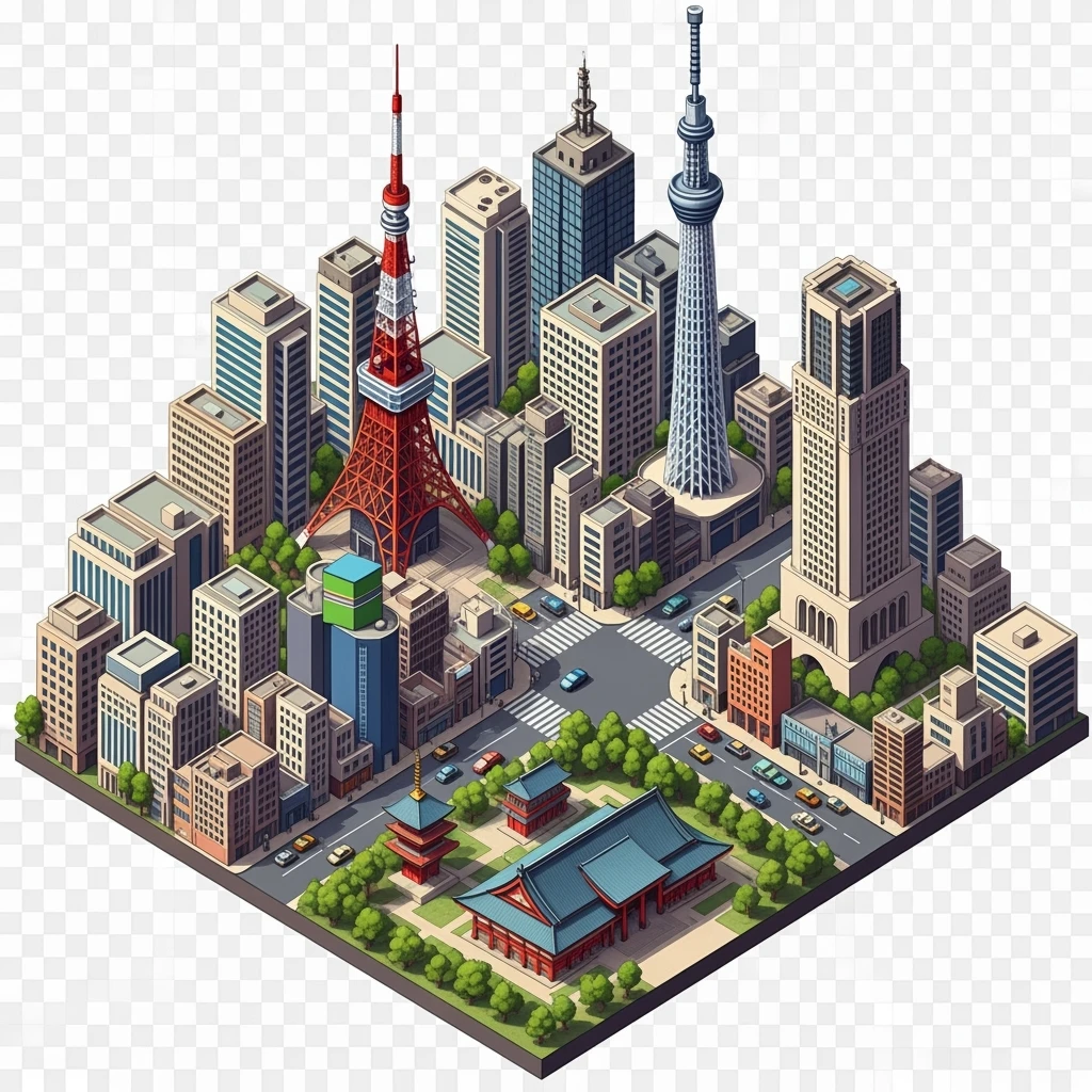 Isometric illustration of Tokyo,  detailed miniature cityscape with its most iconic landmarks and urban views, hand-drawn painterly style, slightly stylized but recognizable architecture, balanced colors, subtle 3D miniature effect, no cartoonish look, transparent background. emoji