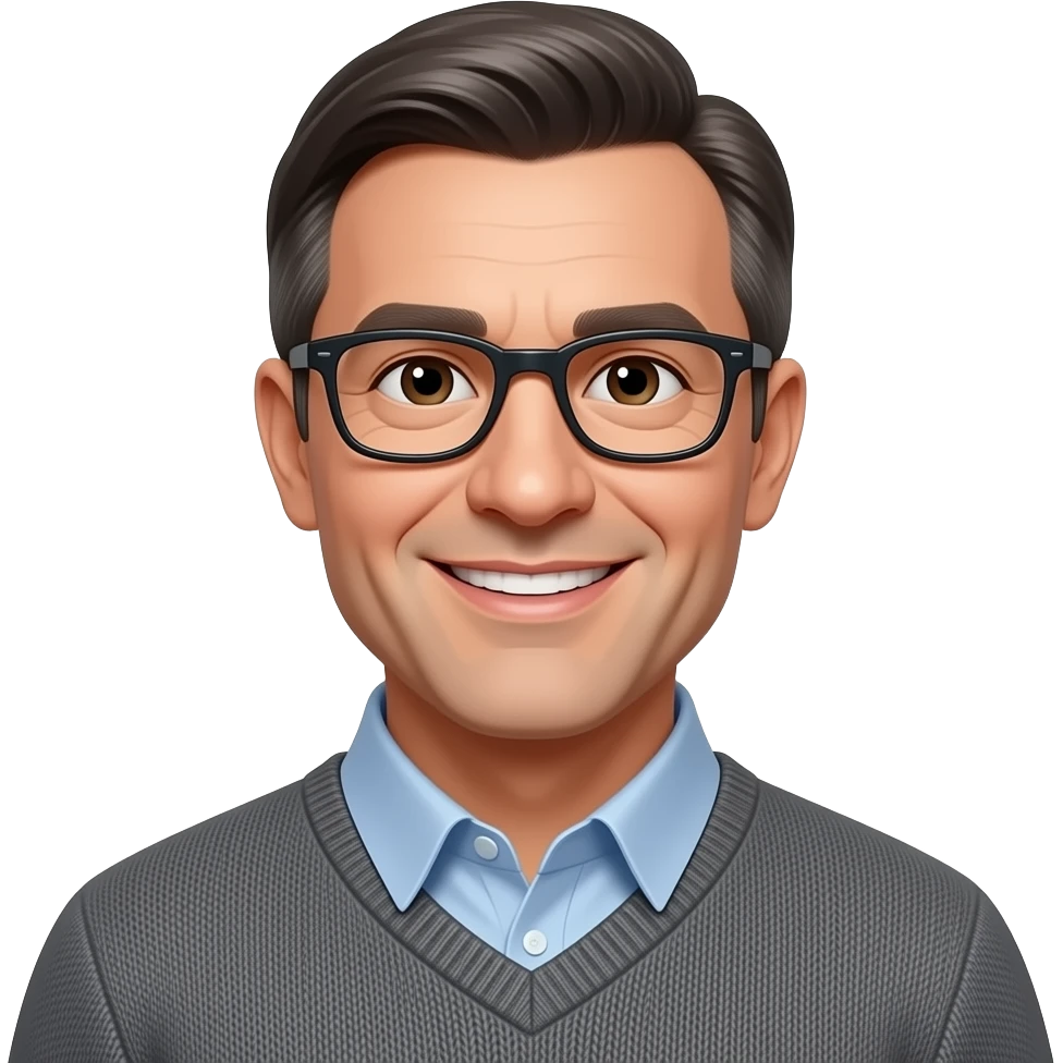 Wise Christian counselor with kind eyes. Middle aged, dressed in a nice button down with a sweater and a pair of modern glasses. emoji