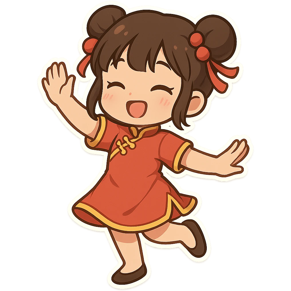 一个可爱女孩身穿新年服装，正在跳舞 emoji