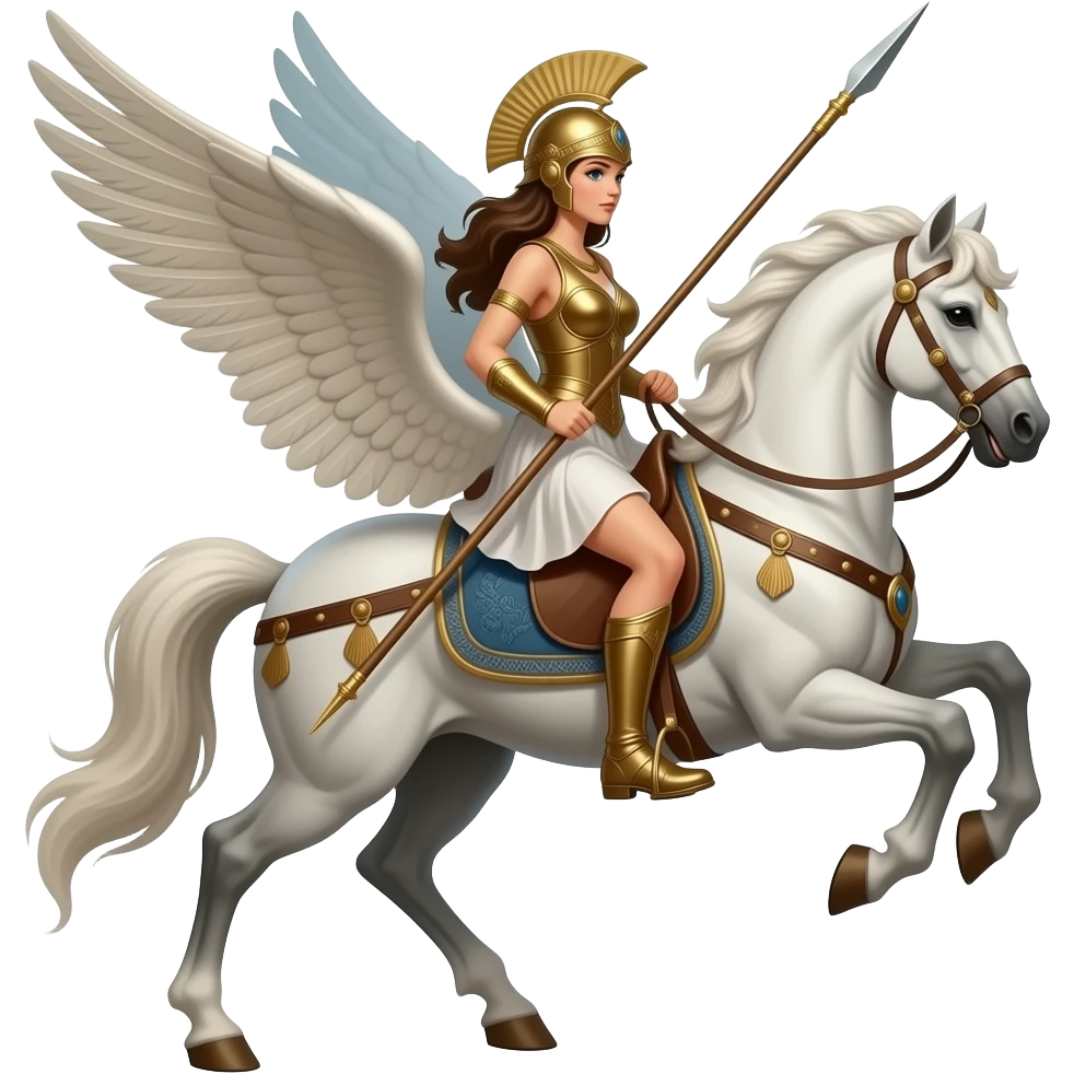 A woman riding a Pegasus (the horse has wings)thats flying, while the woman is holding a spear emoji