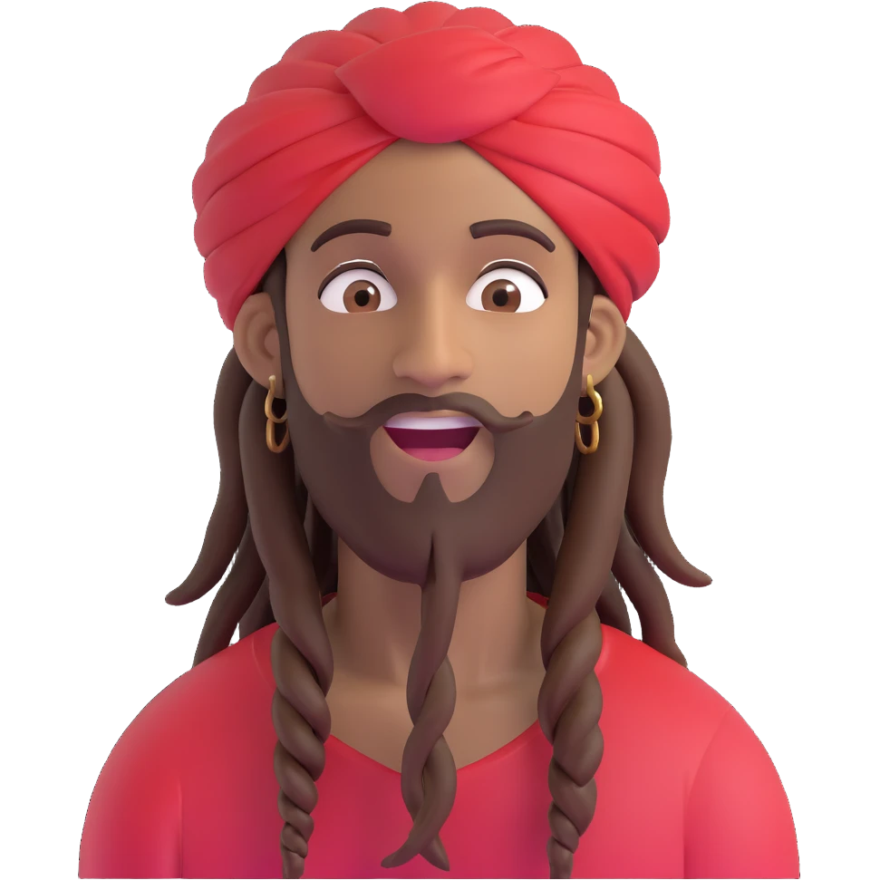 Brownskin man with long brown dreadlocks 
red t-shirt 
white turban 
expression is in love 
his eyes mouth open  emoji