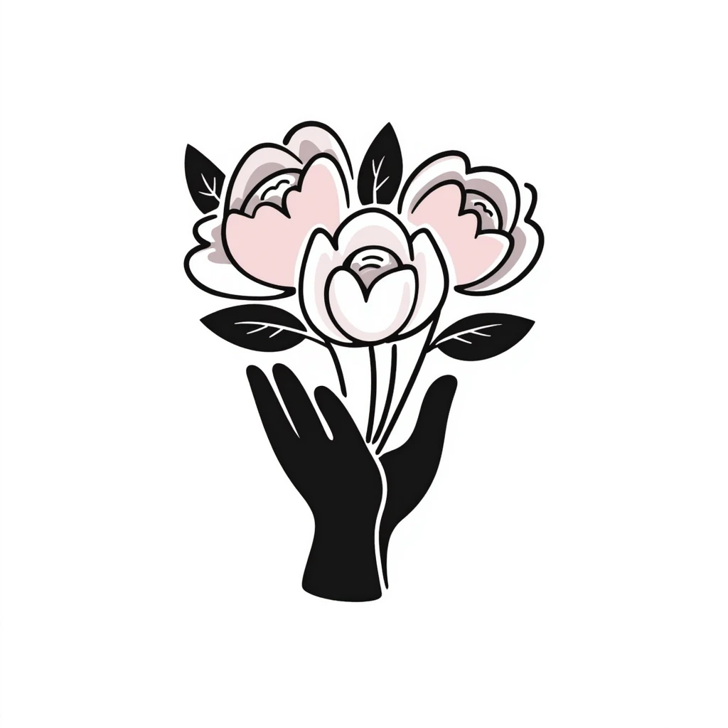 a bouquet of peonies with lush petals and leaves, held in a hand, in pastel colors dd9fb0 ffc6d3 a3bfc9 c4bee2 f1b091 emoji