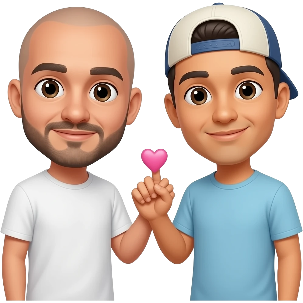 two boyfriends doing a pinky promise in love, hand in hand, pinky wrapped around each other's pinky, locked around each other's pinky.. one Mexican (bald) and the other is a whiter Guatemalan with a hat backwards on. emoji