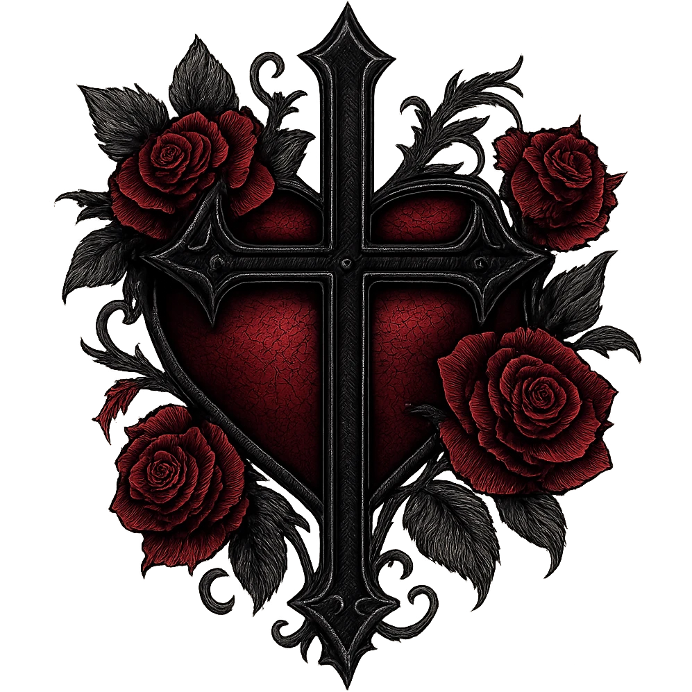 gothic style heart with a gothic cross and roses, black and crimson colors, transparent background emoji