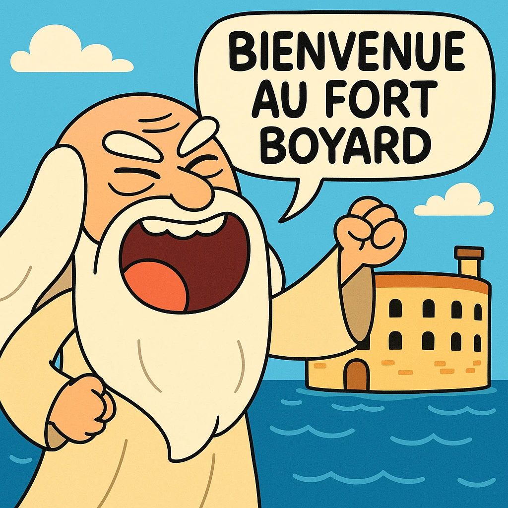 Père fouras  de fort boyard qui cri bienvenue au fort boyard // style enfantin dessin animé cartoons américain style gumball emoji