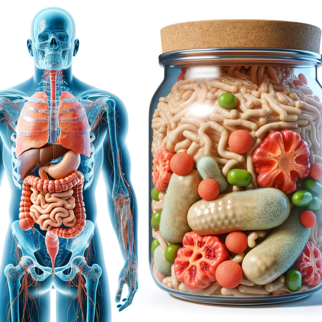 corpo umano anatomico con intestino in evidenza mentre mangia alimenti fermentati ricchi di microrganismi probiotici, iperrealistico 4k, isolato su sfondo bianco emoji