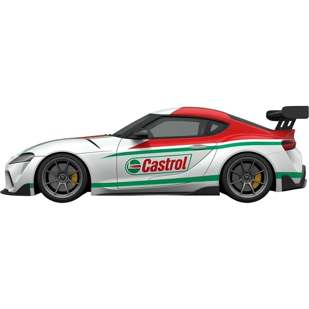 Toyota supra race car, toms supra, castrol, White, red, green, replica of original race livery ,side view emoji