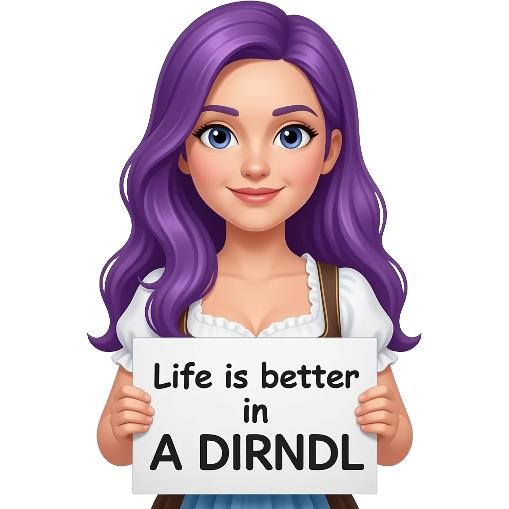 girl with long purple hair wearing a dirndl holding a Life is better in A DIRNDL sign emoji