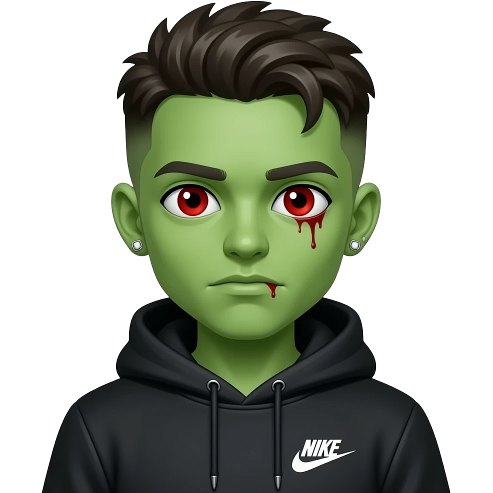 zombie boy with nice green skin with a taper fade that looks like 4c type hair and a black nike tech hoodie with red bloody eyes and square diamond stud ears with c cups emoji
