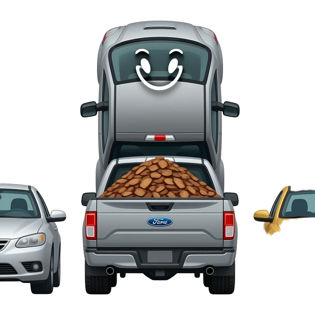 Put this emoji between to cars Gray F150 with full of bark chips in the back upside down in between two other cars emoji