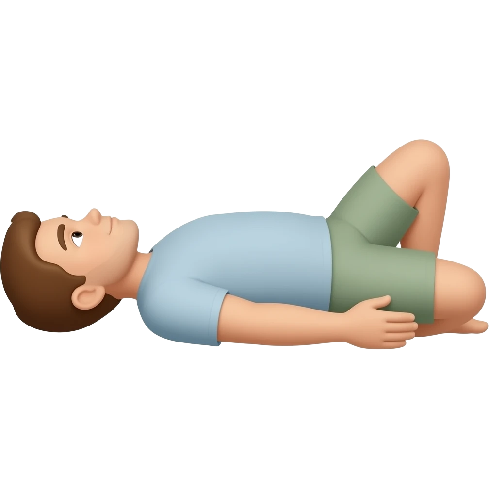 one knee up 90 degree in the knee. the other knee is flat on ground lying on back. from side emoji