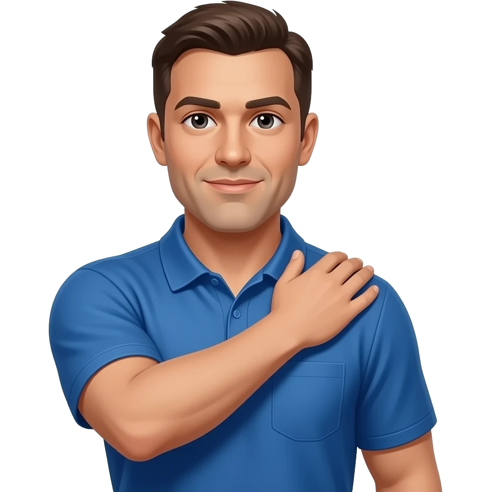 football coach in a blue shirt touching the top of his shoulder emoji