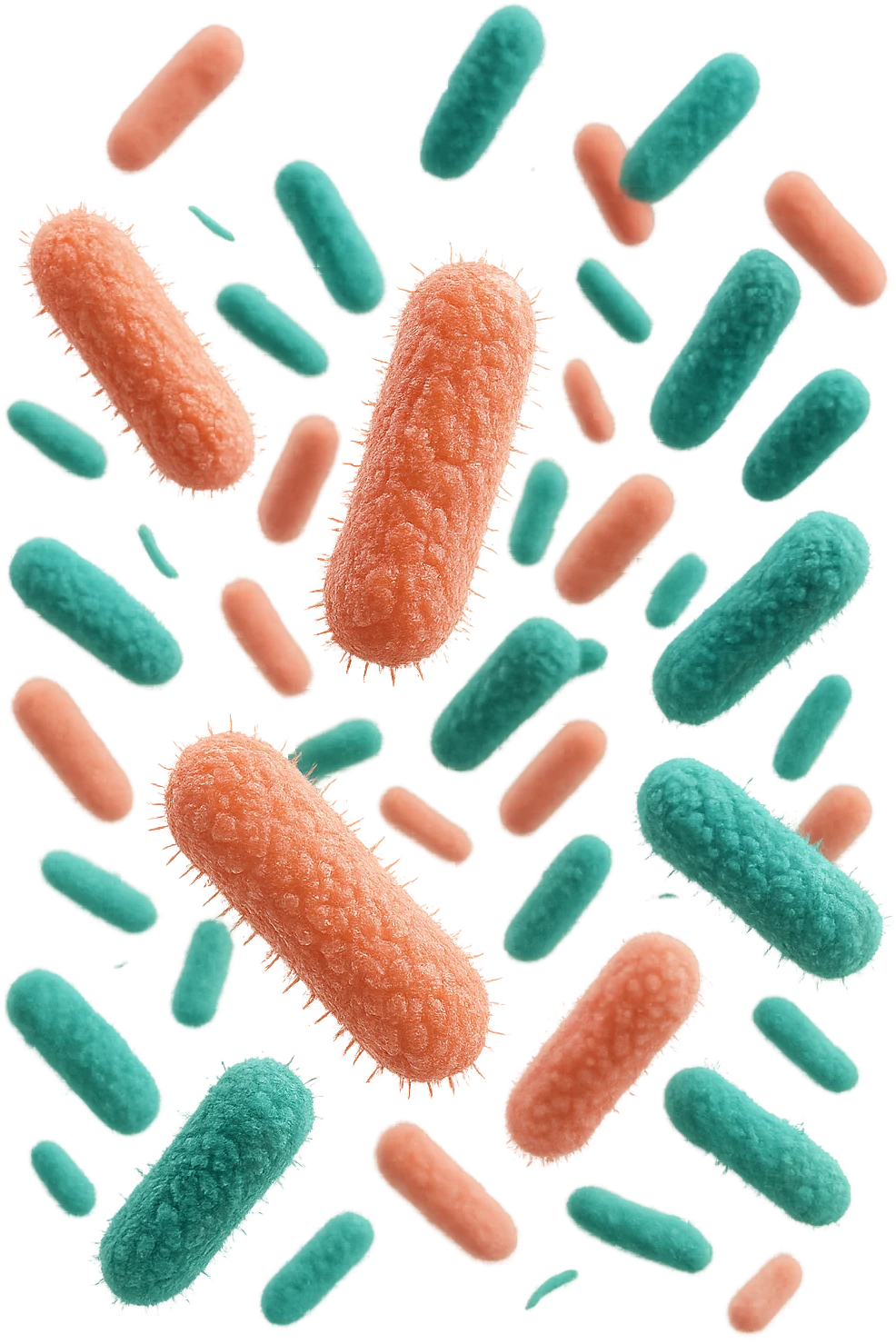 batteri intestinali rosa salmone e turchesi fluttuano in aria, iperrealistici 4k emoji