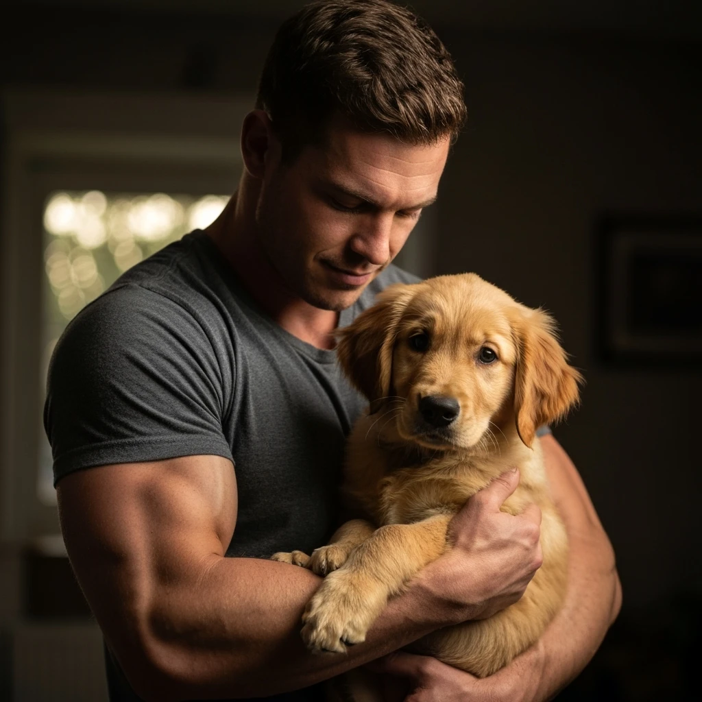Photo of a musculated man holding puppy golden retriver, low key light emoji