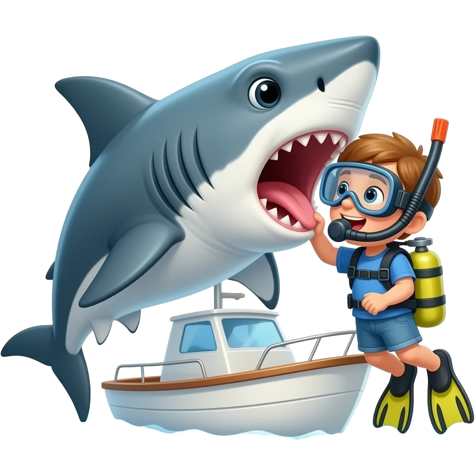 a small shark biting a little kid with scuba gear hanging off a boat emoji