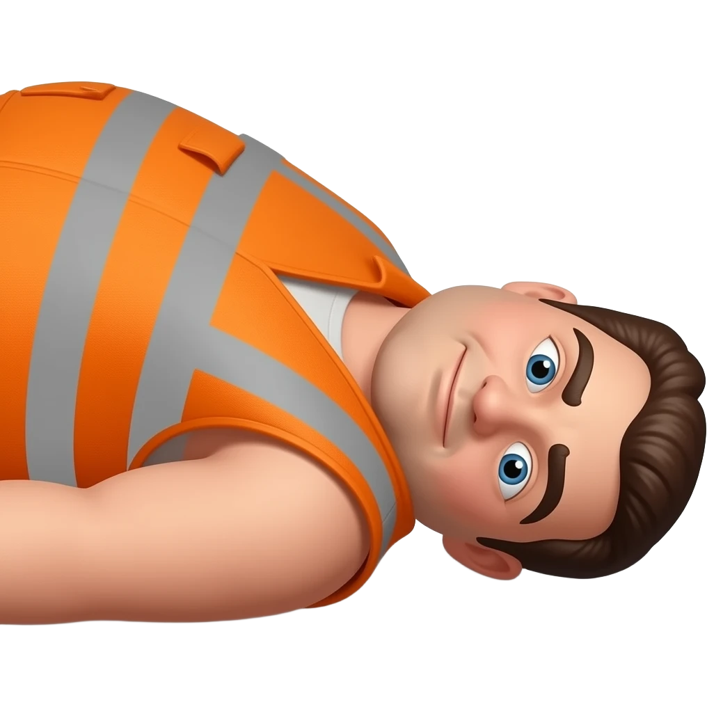 fat MAN IN ORANGE HIVIS OVERALLS, no helmet, laying face down on floor, side view emoji