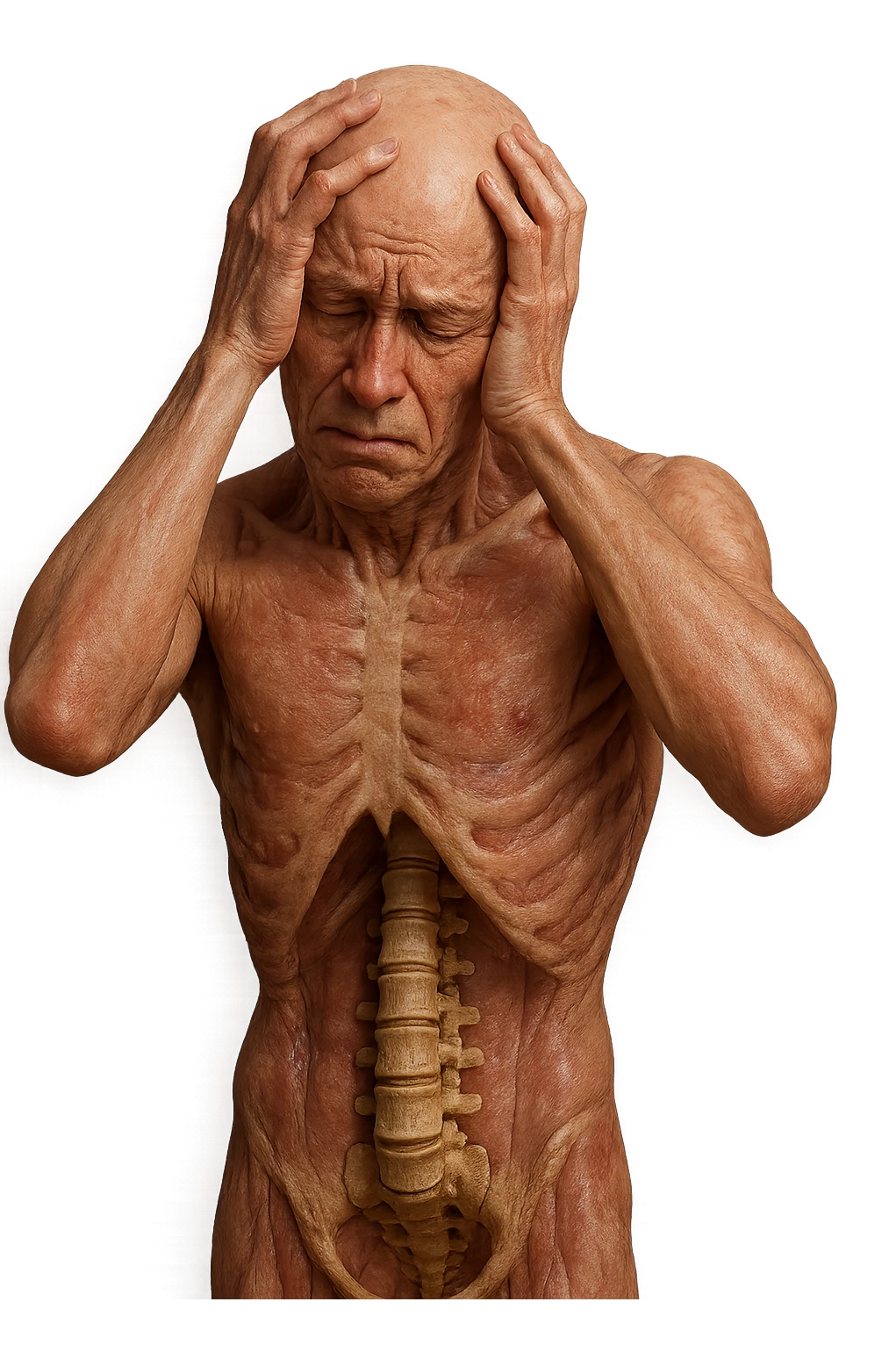 CORPO UMANO ANATOMICO con spina dorsale in evidenza, molto stanca e stressata mentre si tiene le mani sulla testa, IPERREALISTICO 4K emoji