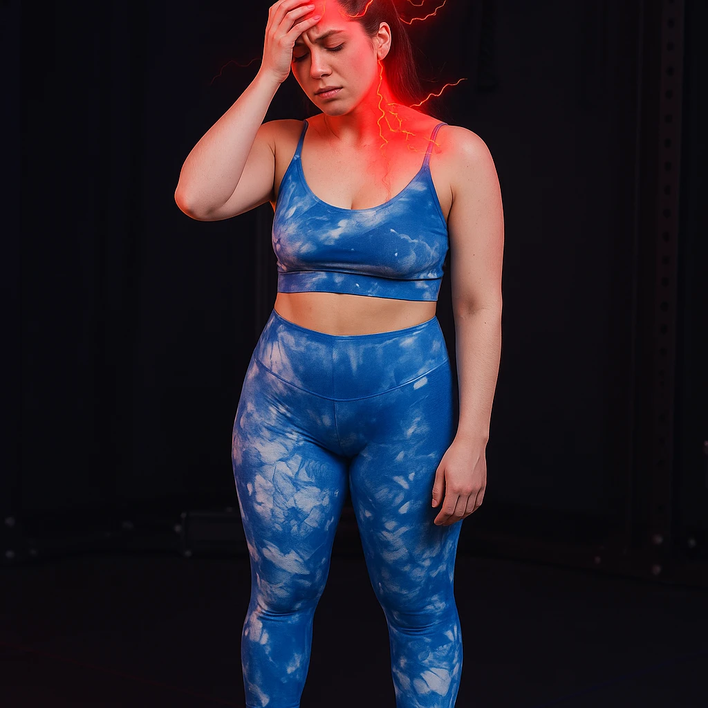 Realistic style edit of the girl identical to the photo with one hand on the forehead and a suffering face, pain symbols like red lights and lightning on neck and head. emoji
